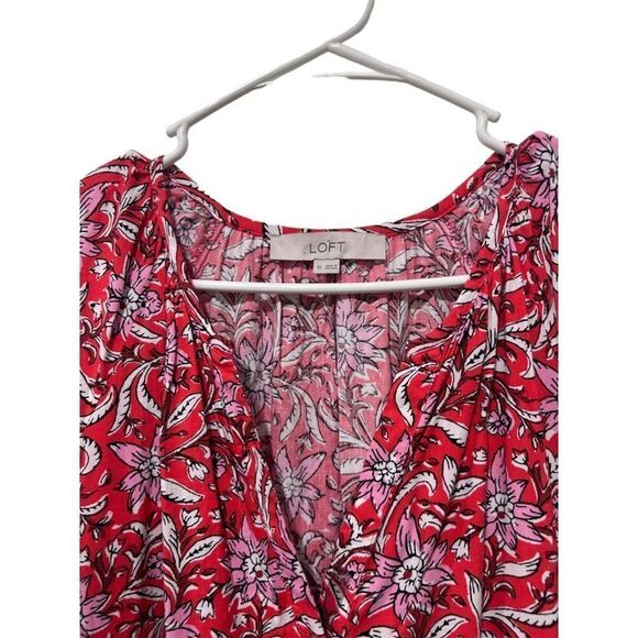 LOFT Puff Sleeve Split Neck Floral Tiered Pocket Shirt Dress Red Size Medium - Picture 4 of 13